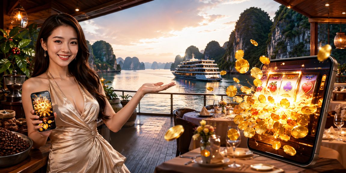Người dùng chơi slot game và uống cà phê nhìn ra vịnh Hạ Long